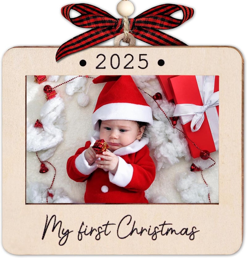 Hangwoous Babys First Christmas Ornament 2025 Girl And Boy - Wooden Landscape Picture Frame Ornaments For Tree - My First Christmas Ornament - Photo Frame Ornaments - Baby's First Christmas Gifts 2025 - Image 1